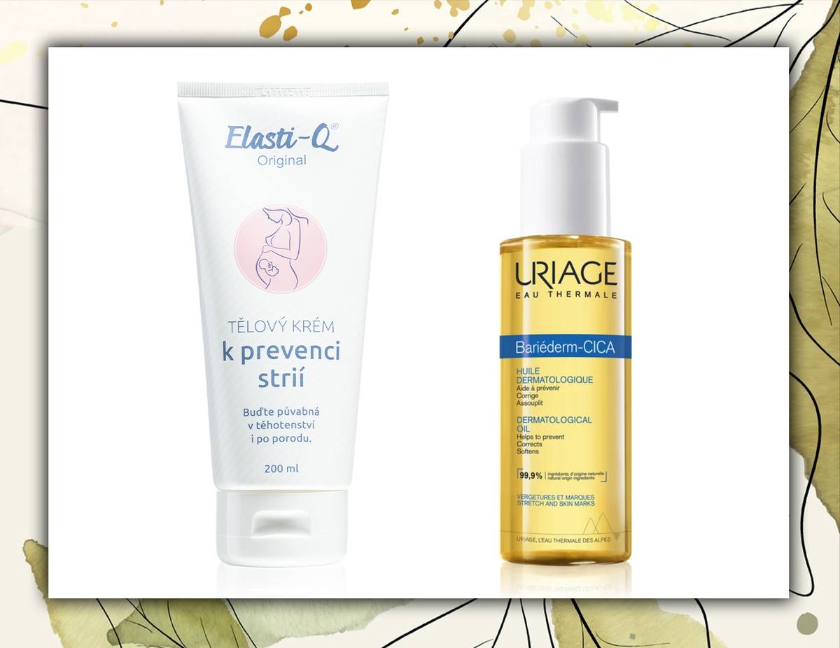 Zleva: Tělový krém Elasti-Q, 249 Kč (200 ml), prodává Benu lékárna. Vyživující tělový olej Bariéderm, Uriage, 431 Kč (100 ml), prodává Notino