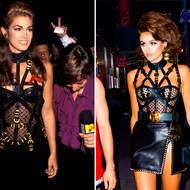 Cindy Crawford v zajímavém Versace korzetu na MTV Video Music Awards v roce 1992. Její dcera Kaia Gerber oblékla podobný outfit na svoje 18. narozeniny v roce 2019

