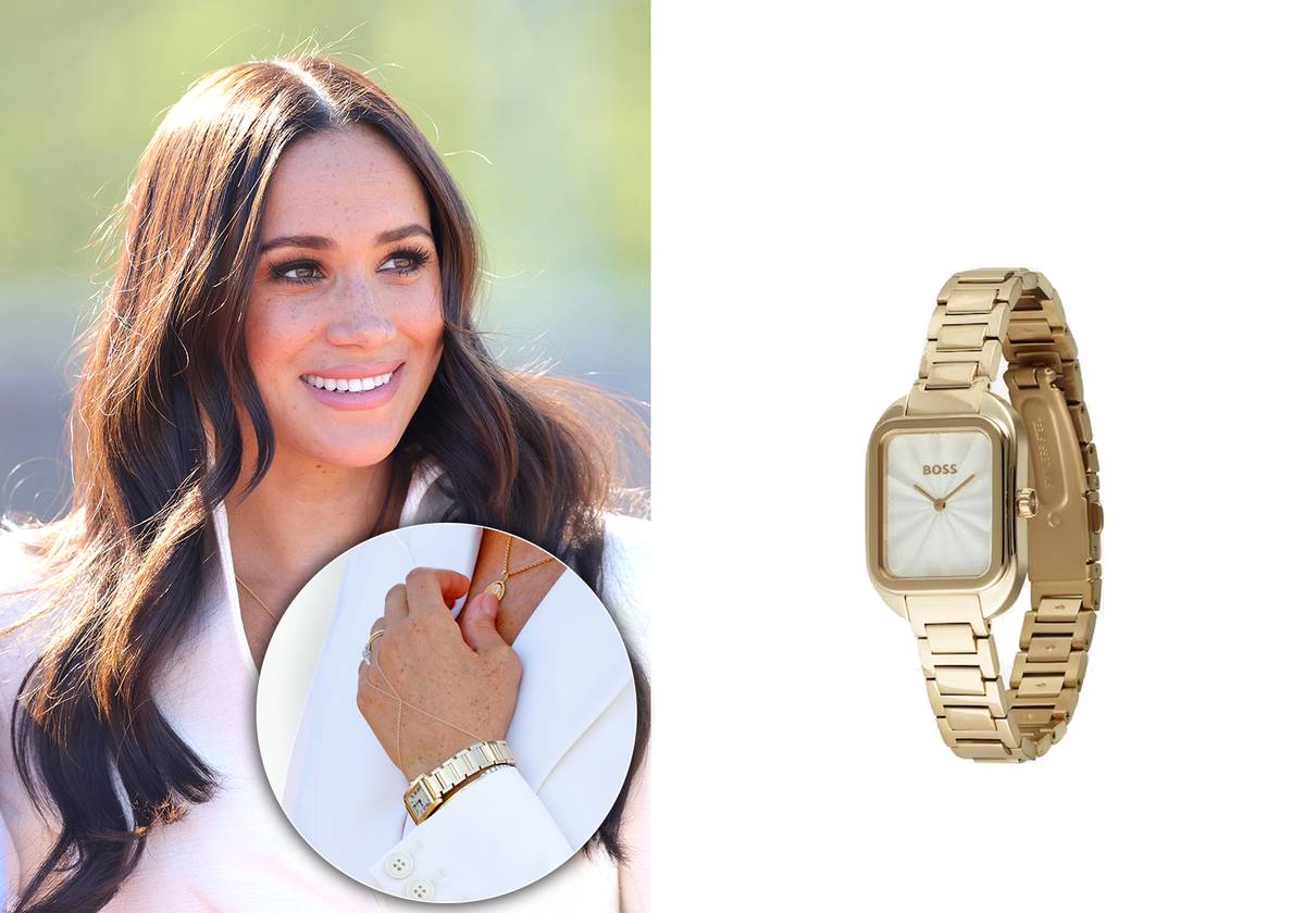 Meghan Markle, vévodkyně ze Sussexu, vlastní zlaté úzké hodinky s hranatým ciferníkem - to je ztělesnění nadčasové elegance! Boss, 6 999 Kč, prodává About You