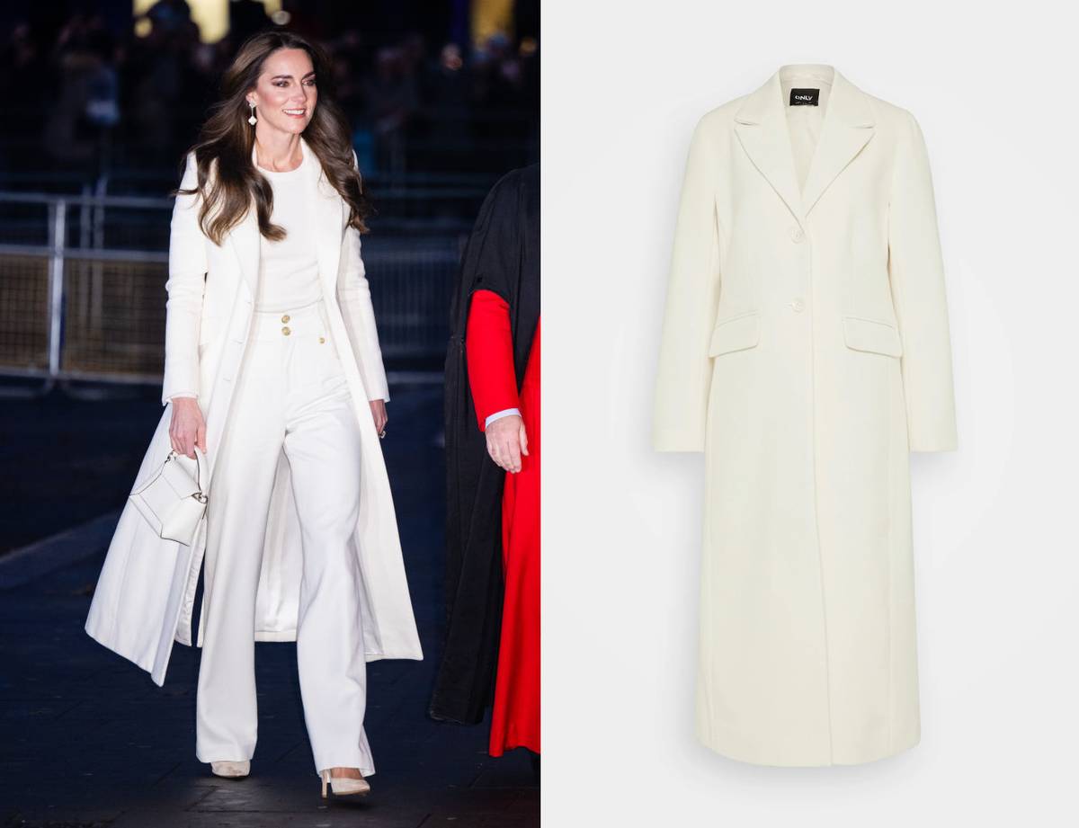Princezna Kate má v šatníku velmi ženské a elegantní kousky, ke kterým se může stále vracet. Na vánoční koncert oblékla bílý komplet a ve stejné barvě měla i kabát. Vybrala si vypasovaný model v prodloužené délce. Kde najdete podobný? Vpravo: Kabát Only, 2 110 Kč, prodává Zalando